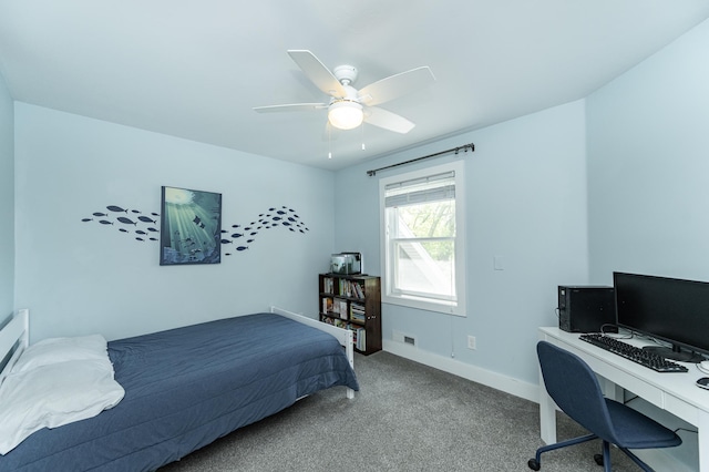 9420 Fabian St NE, Kalmar Twp, MN 55920 - carpeted bedroom with baseboards, ceiling fan, and an office area