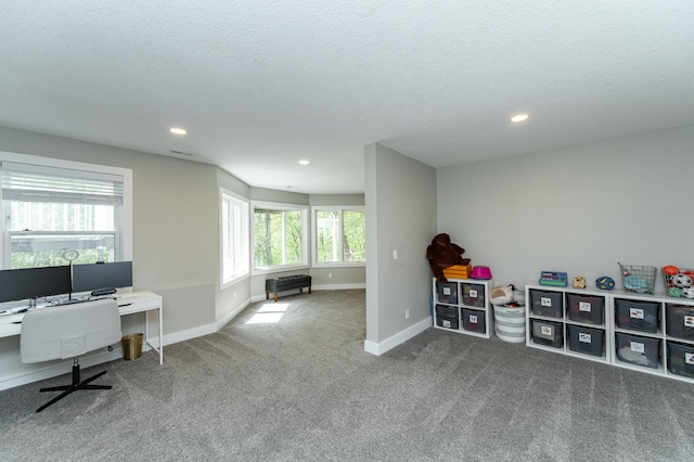 9420 Fabian St NE, Kalmar Twp, MN 55920 - rec room featuring carpet, recessed lighting, a textured ceiling, baseboards, and a desk
