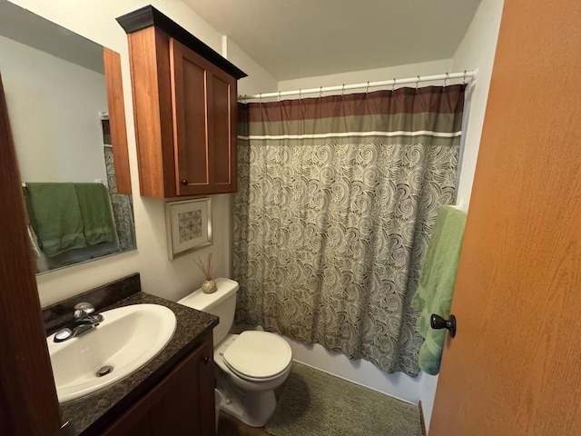 39872 Moose Ln, Wahkon, MN 56386 - bathroom featuring vanity, toilet, and shower / tub combo with curtain