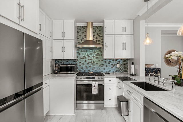 3812 Elliot Ave, Minneapolis, MN 55407 - kitchen with appliances with stainless steel finishes, wall chimney range hood, a sink, tasteful backsplash, and light stone countertops