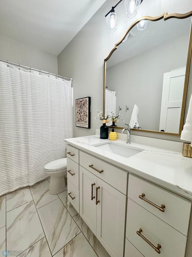 3340 2nd St E, West Fargo, ND 58078 - bathroom with marble finish floors, toilet, vanity, and curtained shower