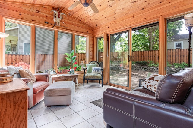 2195 Bayview Pl, Orono, MN 55391 - sunroom / solarium featuring lofted ceiling, tile patterned floors, healthy amount of natural light, wood walls, and wooden ceiling