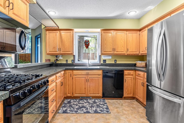 2195 Bayview Pl, Orono, MN 55391 - kitchen featuring black appliances, a sink, a textured ceiling, and dark countertops