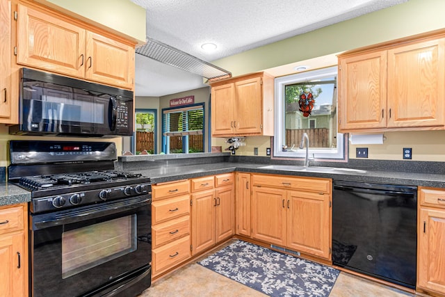 2195 Bayview Pl, Orono, MN 55391 - kitchen with black appliances, a sink, plenty of natural light, light brown cabinetry, and a textured ceiling