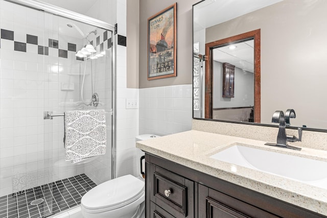 2195 Bayview Pl, Orono, MN 55391 - full bath featuring vanity, toilet, a stall shower, and tile walls