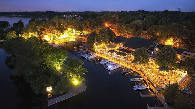 2195 Bayview Pl, Orono, MN 55391 - aerial view at dusk of view of marina, a water view, and a wooded view