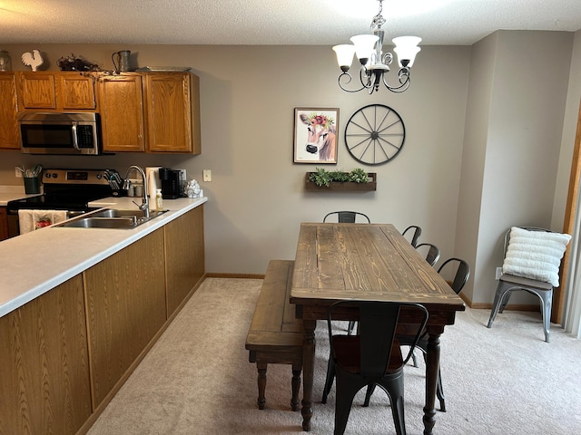 10946 Johnson St NE, Blaine, MN 55434 - dining room with light carpet, a chandelier, and baseboards