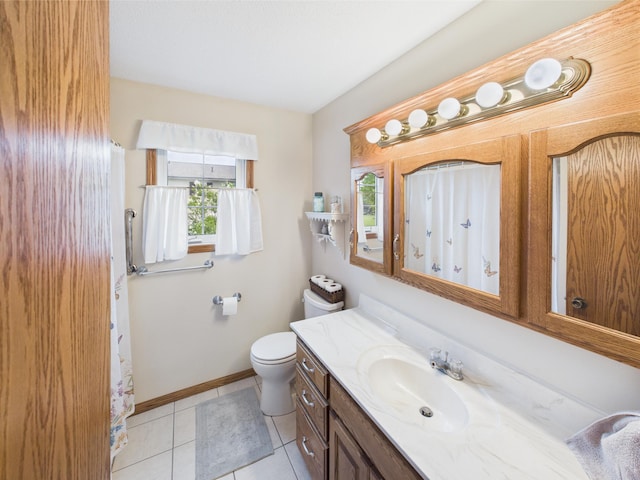 625 7th St NW, Richmond, MN 56368 - full bathroom with vanity, tile patterned flooring, toilet, baseboards, and curtained shower