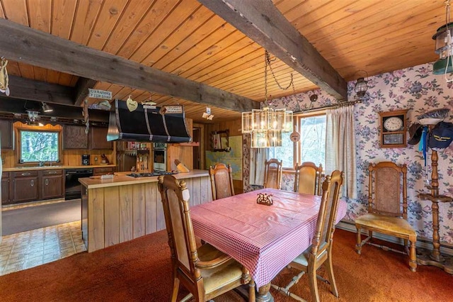3240 Breezy Point Rd, Tower, MN 55790 - dining area featuring wallpapered walls, wooden ceiling with exposed beams, and a chandelier