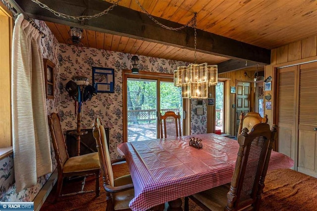 3240 Breezy Point Rd, Tower, MN 55790 - dining room with wallpapered walls, a chandelier, wood ceiling with exposed beams, and wood walls