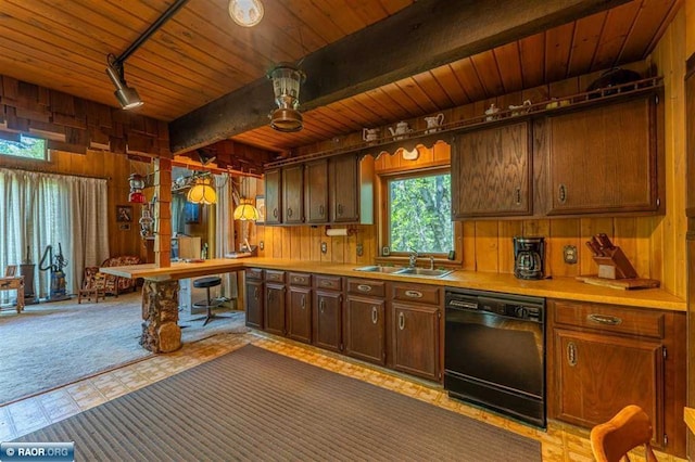 3240 Breezy Point Rd, Tower, MN 55790 - kitchen with black dishwasher, wooden walls, wood ceiling with exposed beams, a sink, and light countertops