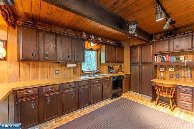 3240 Breezy Point Rd, Tower, MN 55790 - kitchen with black dishwasher, a sink, wood walls, light countertops, and wood ceiling