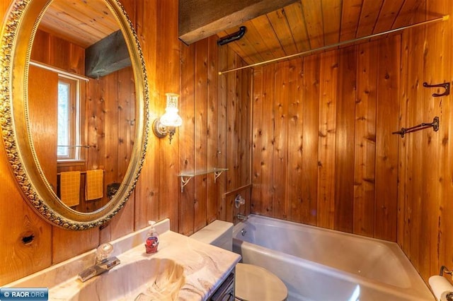 3240 Breezy Point Rd, Tower, MN 55790 - bathroom with wooden ceiling, wood walls, toilet,  shower combination, and vanity