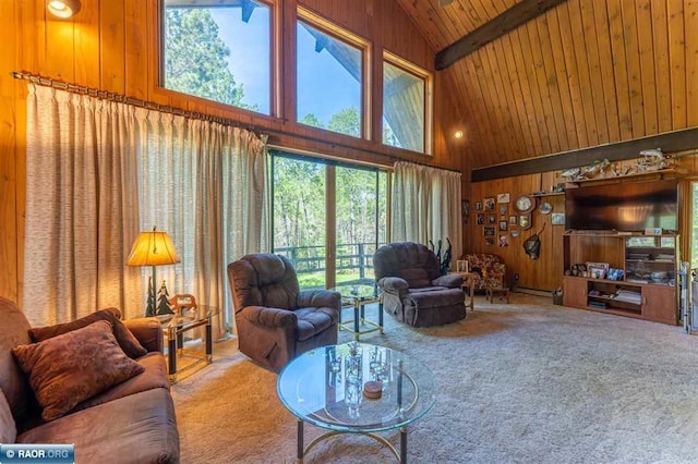 3240 Breezy Point Rd, Tower, MN 55790 - living area featuring high vaulted ceiling, carpet floors, wooden walls, wooden ceiling with exposed beams, and a baseboard heating unit
