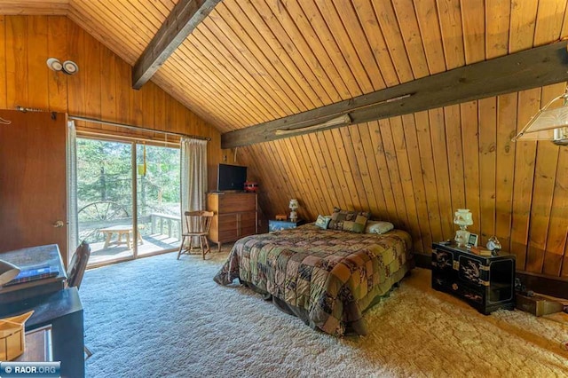 3240 Breezy Point Rd, Tower, MN 55790 - bedroom featuring access to outside, carpet flooring, wood walls, and wooden ceiling