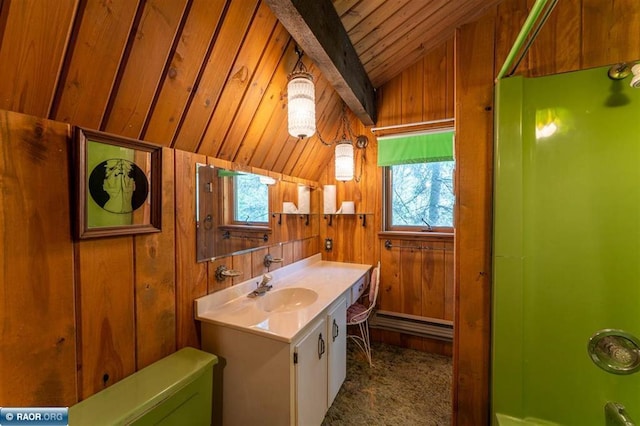 3240 Breezy Point Rd, Tower, MN 55790 - bathroom with vaulted ceiling, wooden ceiling, a baseboard radiator, vanity, and wood walls