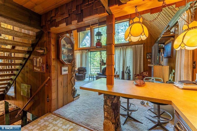 3240 Breezy Point Rd, Tower, MN 55790 - office area featuring wood walls, wooden ceiling with exposed beams, high vaulted ceiling, and carpet