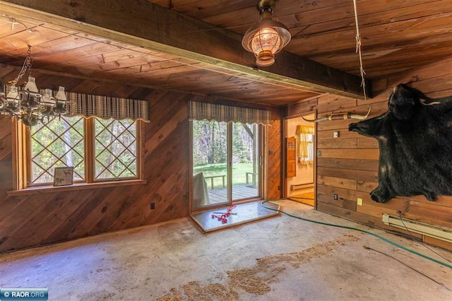 3240 Breezy Point Rd, Tower, MN 55790 - unfurnished room featuring wood walls, wooden ceiling, a chandelier, and baseboard heating
