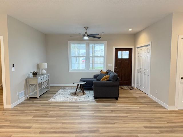 105 7th St, Hoffman, MN 56339 - living area featuring light wood-type flooring, ceiling fan, baseboards, and recessed lighting