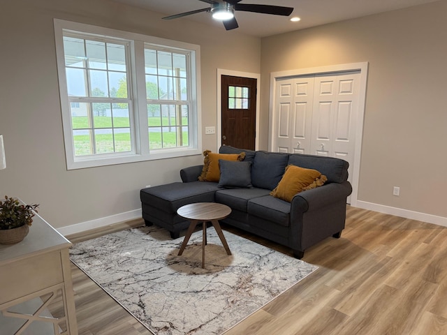 105 7th St, Hoffman, MN 56339 - living room featuring ceiling fan, baseboards, light wood-style flooring, and recessed lighting