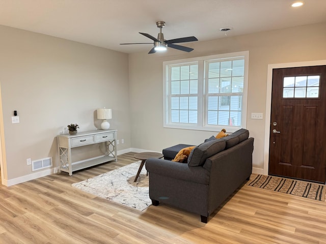 105 7th St, Hoffman, MN 56339 - living area with light wood-style flooring, baseboards, ceiling fan, and recessed lighting