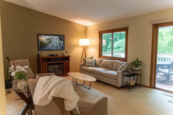 9826 Brighton Ln, Eden Prairie, MN 55347 - living room featuring lofted ceiling