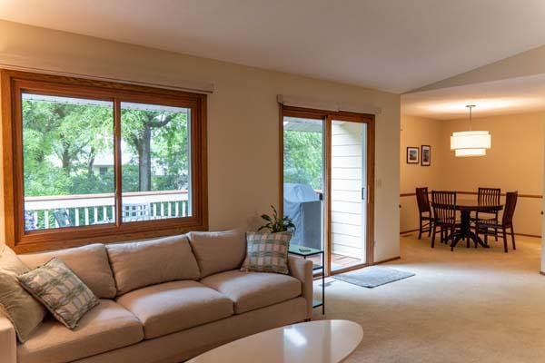 9826 Brighton Ln, Eden Prairie, MN 55347 - living area featuring carpet flooring and lofted ceiling