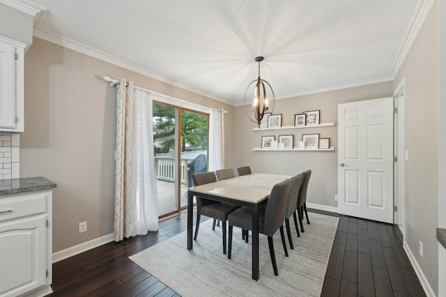 669 Lake Pine Dr, Shoreview, MN 55126 - dining space with dark wood-style flooring, a chandelier, baseboards, ornamental molding, and a textured ceiling