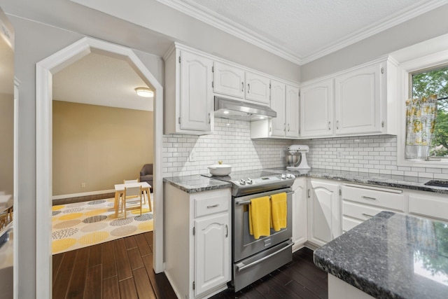 669 Lake Pine Dr, Shoreview, MN 55126 - kitchen featuring stainless steel electric range, under cabinet range hood, dark wood-style floors, white cabinets, and ornamental molding