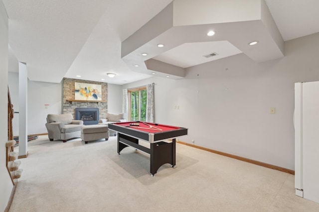 669 Lake Pine Dr, Shoreview, MN 55126 - rec room with baseboards, recessed lighting, light colored carpet, billiards, and a fireplace