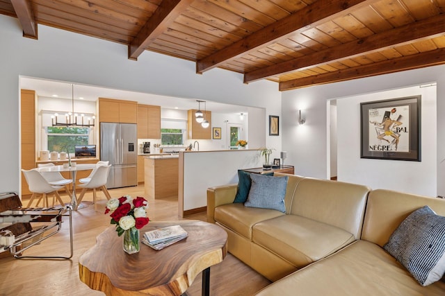 18201 Kathleene Dr, Minnetonka, MN 55345 - living area featuring light wood finished floors, wooden ceiling with exposed beams, and a chandelier