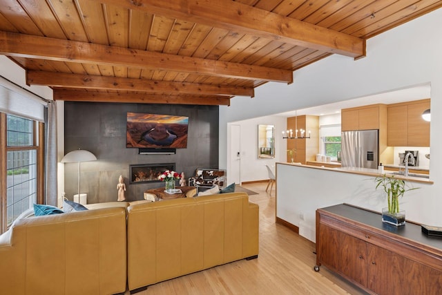 18201 Kathleene Dr, Minnetonka, MN 55345 - living room with light wood-style flooring, wood ceiling with exposed beams, healthy amount of natural light, a chandelier, and baseboards