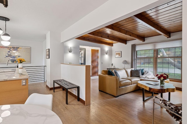 18201 Kathleene Dr, Minnetonka, MN 55345 - living room featuring wooden ceiling with exposed beams, wood finished floors, and baseboards