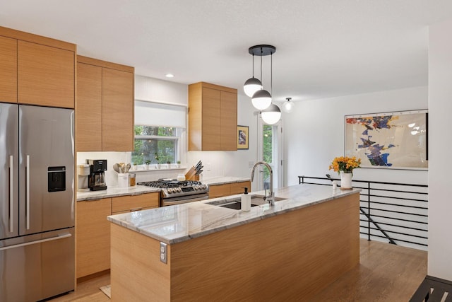 18201 Kathleene Dr, Minnetonka, MN 55345 - kitchen with appliances with stainless steel finishes, a sink, light wood-style flooring, light stone counters, and modern cabinets