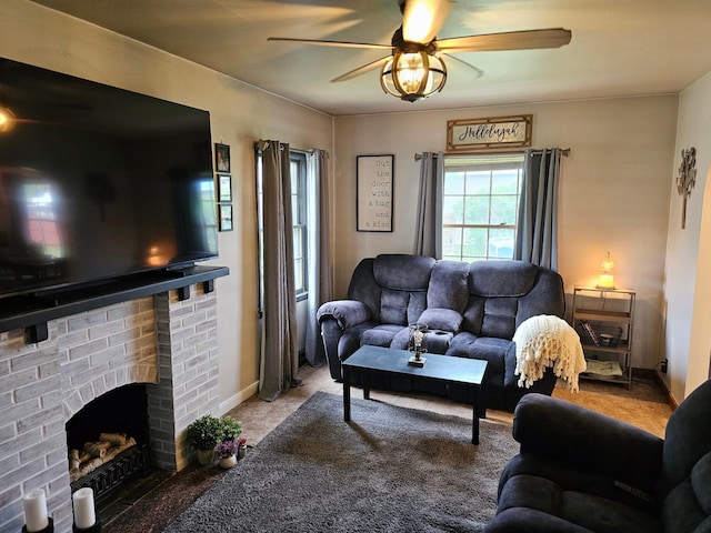 205 2nd Ave W, Lamberton, MN 56152 - carpeted living area with ceiling fan and a fireplace