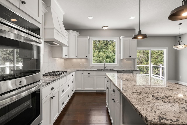 1206 Rosemary Ln, Chaska, MN 55318 - kitchen with stainless steel appliances, a sink, custom exhaust hood, white cabinets, and tasteful backsplash
