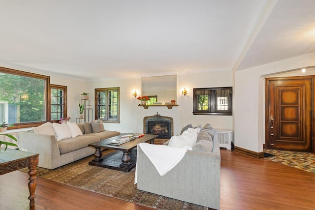 5319 Upton Ave S, Minneapolis, MN 55410 - living room featuring radiator heating unit, wood finished floors, and a warm lit fireplace