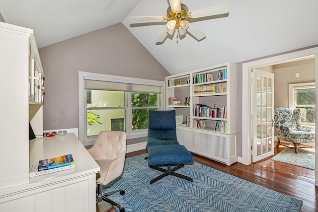 5319 Upton Ave S, Minneapolis, MN 55410 - home office featuring dark wood-style floors, lofted ceiling, and ceiling fan