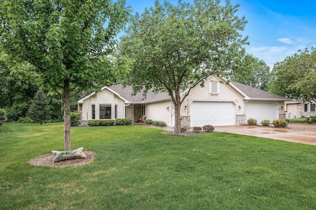 2600 Parkview Ct, White Bear Twp, MN 55110 - view of front facade with stone siding, an attached garage, driveway, a front lawn, and stucco siding