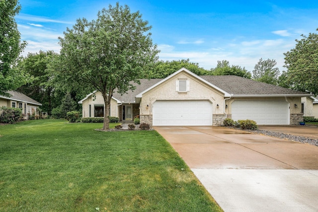 2600 Parkview Ct, White Bear Twp, MN 55110 - single story home featuring stone siding, a garage, a front lawn, and concrete driveway