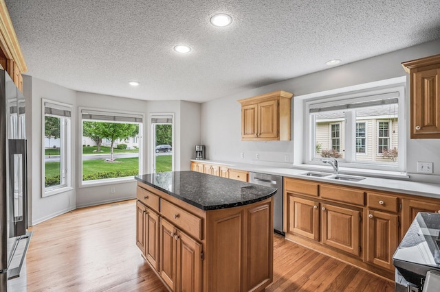 2600 Parkview Ct, White Bear Twp, MN 55110 - kitchen with stainless steel dishwasher, a sink, plenty of natural light, light wood-style floors, and a textured ceiling