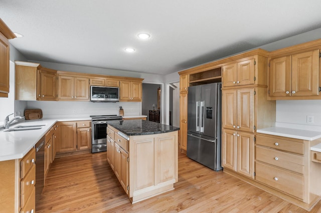 2600 Parkview Ct, White Bear Twp, MN 55110 - kitchen featuring appliances with stainless steel finishes, a sink, light wood-type flooring, open shelves, and recessed lighting
