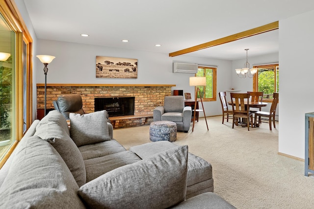 6504 Warren Ave S, Edina, MN 55439 - carpeted living area with a wall unit AC, a chandelier, recessed lighting, a brick fireplace, and baseboards