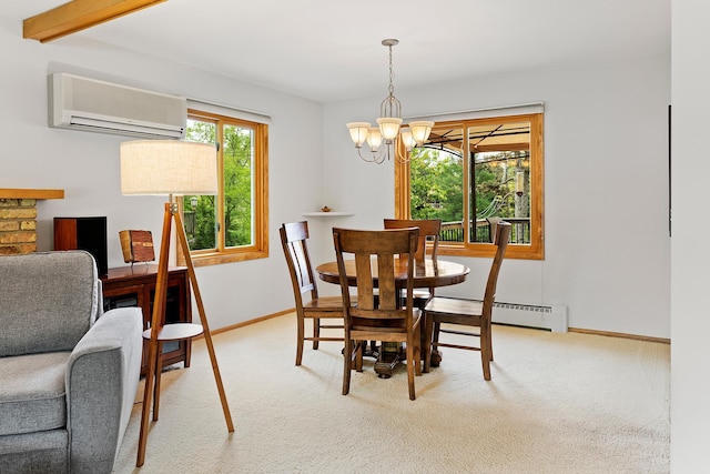 6504 Warren Ave S, Edina, MN 55439 - dining space featuring a wall mounted AC, a chandelier, carpet floors, and baseboards
