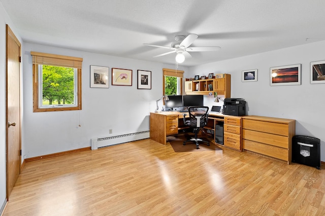 6504 Warren Ave S, Edina, MN 55439 - home office with a baseboard radiator, ceiling fan, light wood finished floors, and baseboards