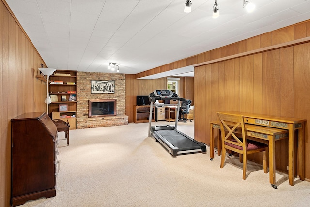 6504 Warren Ave S, Edina, MN 55439 - workout room featuring wood walls, carpet, and a fireplace