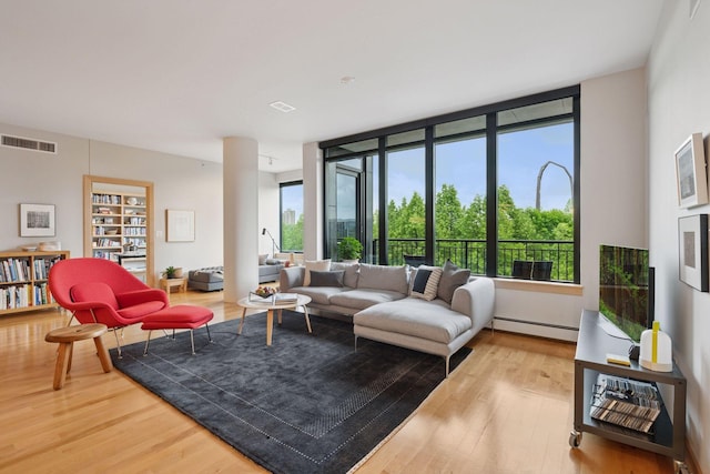 215 10th Ave S Unit 312, Minneapolis, MN 55415 - living room featuring a baseboard radiator, wood finished floors, and healthy amount of natural light