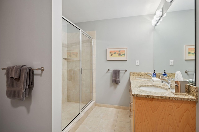 215 10th Ave S Unit 312, Minneapolis, MN 55415 - full bathroom featuring tile patterned flooring, double vanity, a shower stall, and baseboards
