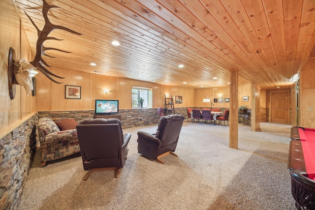 14450 Blackberry Ct, Baxter, MN 56425 - living room featuring wooden ceiling, recessed lighting, carpet floors, wooden walls, and bar area
