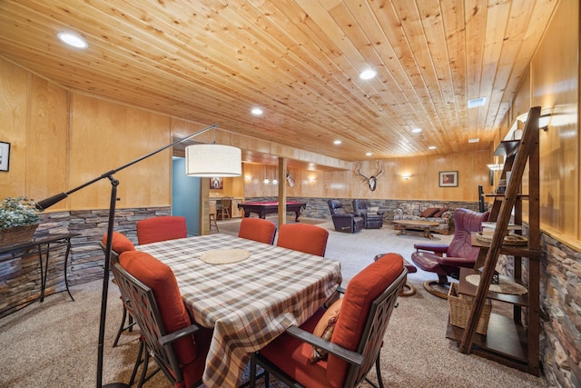 14450 Blackberry Ct, Baxter, MN 56425 - dining area with carpet flooring, wooden ceiling, recessed lighting, and wooden walls